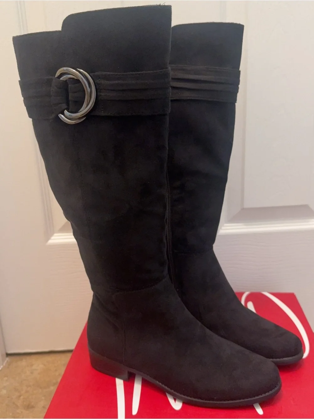Impo Bayla Black Knee-High Suede Boots with Decorative Buckle Size:US 6